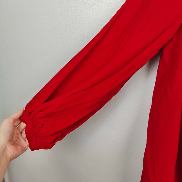 Saint Laurent Blouse Womens FR 40 US 8 Red Silk Puff Sleeve Drawstring Neckline - Picture 4 of 13